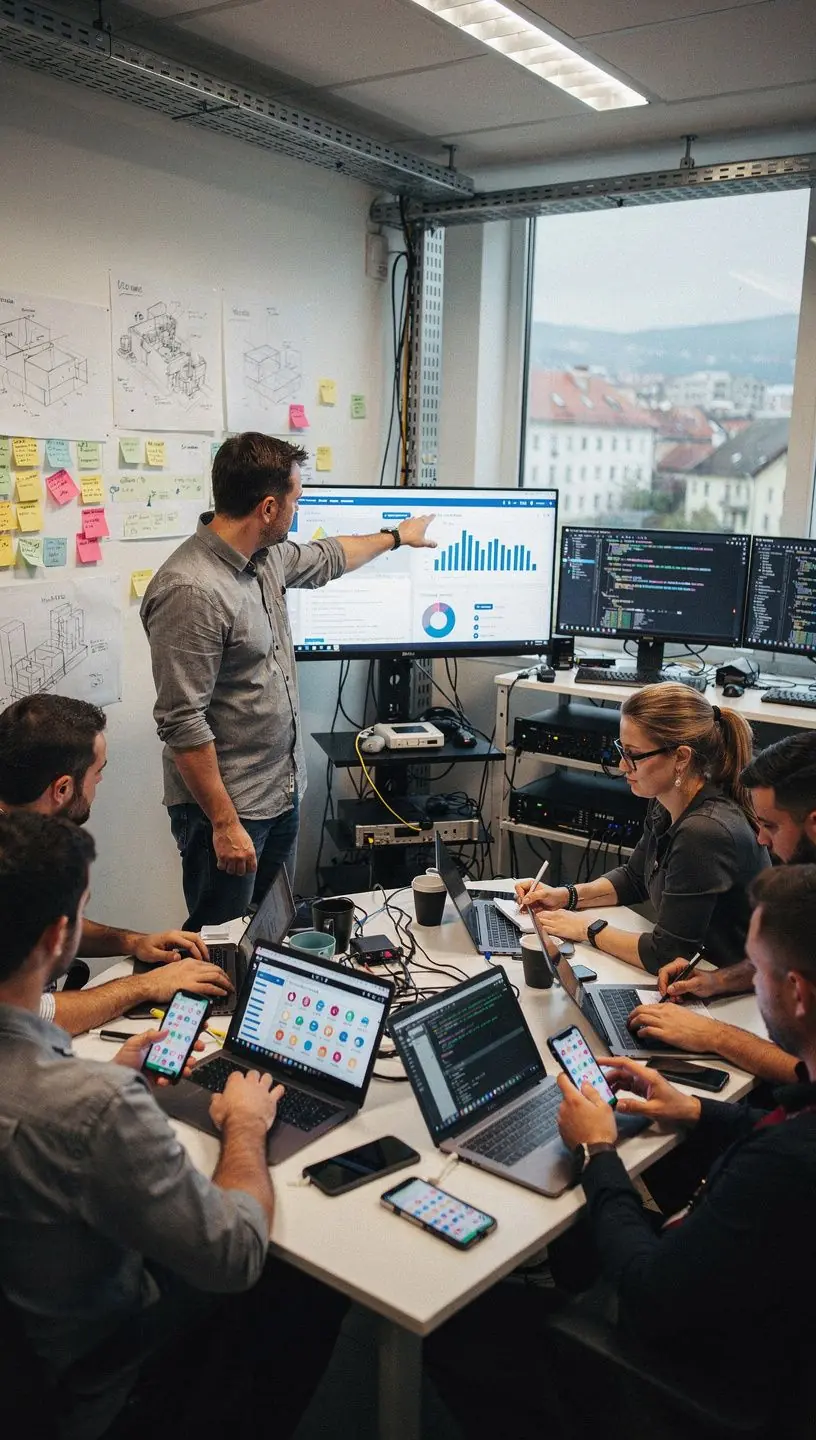 Programozó, aki egy mobilalkalmazás kódját írja a számítógépén.