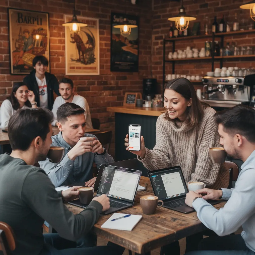 Programozó, aki egy mobilalkalmazás kódját írja a számítógépén.