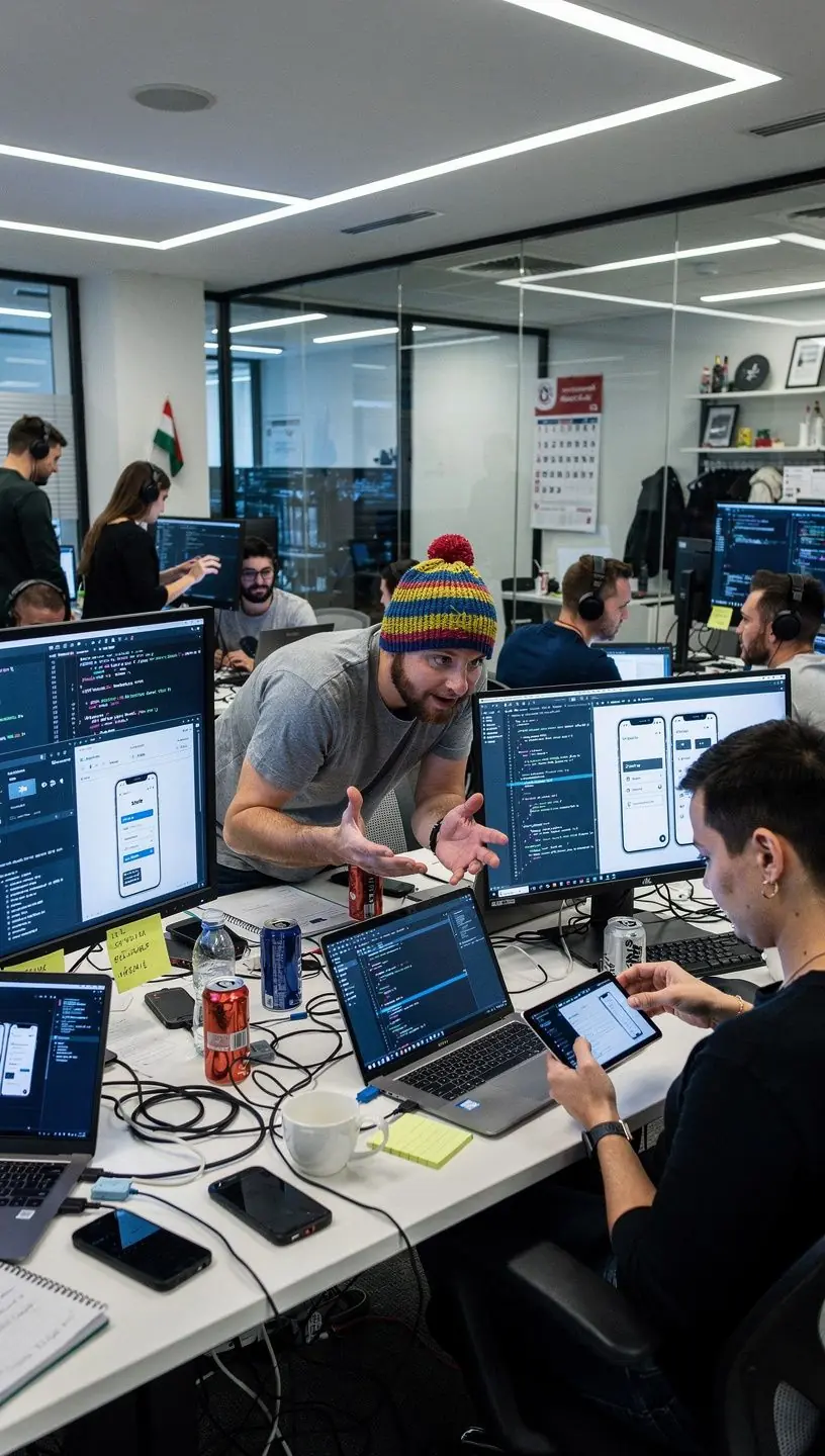 Programozó, aki egy mobilalkalmazás kódját írja a számítógépén.